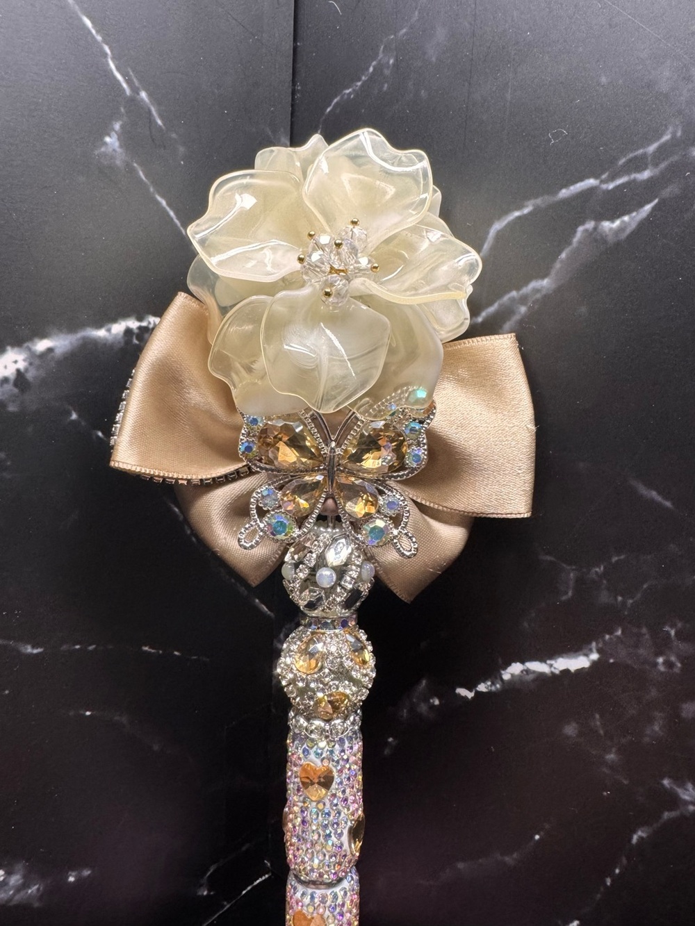 Handmade Luxury Ivory Floral Rhinestone Beaded Pen with Bow